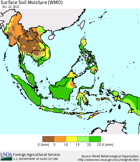 South East Asia Surface Soil Moisture (WMO) Thematic Map For 10/17/2022 - 10/23/2022