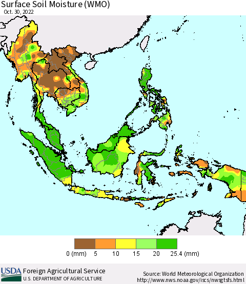 South East Asia Surface Soil Moisture (WMO) Thematic Map For 10/24/2022 - 10/30/2022