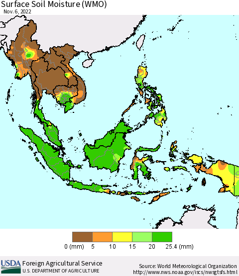 South East Asia Surface Soil Moisture (WMO) Thematic Map For 10/31/2022 - 11/6/2022