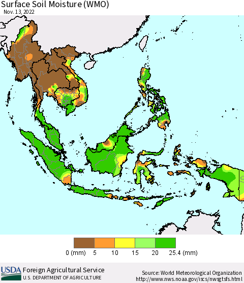 South East Asia Surface Soil Moisture (WMO) Thematic Map For 11/7/2022 - 11/13/2022