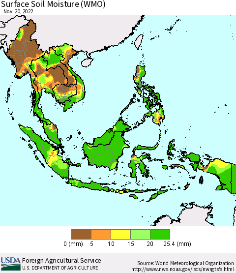 South East Asia Surface Soil Moisture (WMO) Thematic Map For 11/14/2022 - 11/20/2022