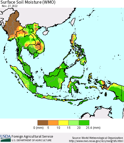 South East Asia Surface Soil Moisture (WMO) Thematic Map For 11/21/2022 - 11/27/2022