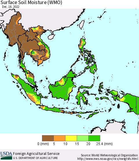 South East Asia Surface Soil Moisture (WMO) Thematic Map For 12/12/2022 - 12/18/2022