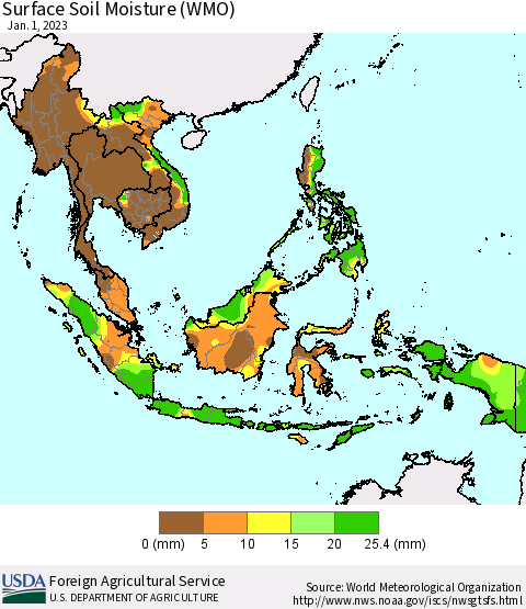 South East Asia Surface Soil Moisture (WMO) Thematic Map For 12/26/2022 - 1/1/2023