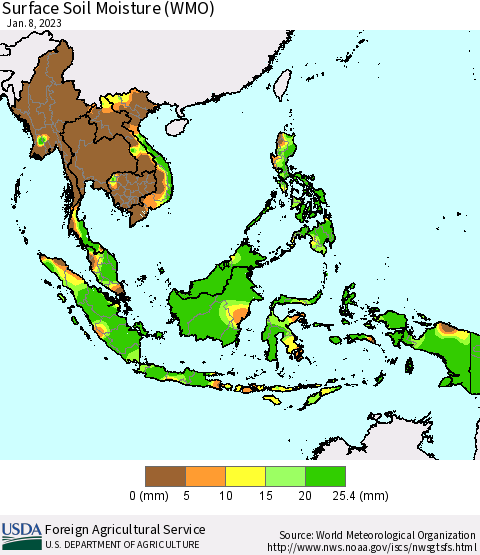 South East Asia Surface Soil Moisture (WMO) Thematic Map For 1/2/2023 - 1/8/2023
