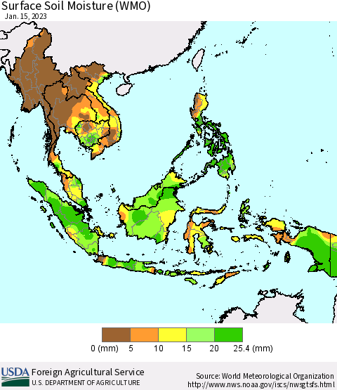 South East Asia Surface Soil Moisture (WMO) Thematic Map For 1/9/2023 - 1/15/2023
