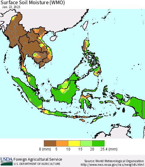 South East Asia Surface Soil Moisture (WMO) Thematic Map For 1/16/2023 - 1/22/2023