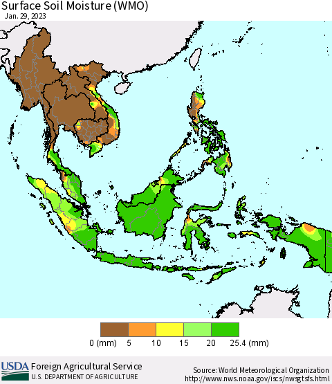 South East Asia Surface Soil Moisture (WMO) Thematic Map For 1/23/2023 - 1/29/2023