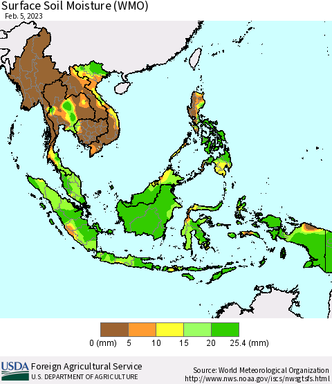 South East Asia Surface Soil Moisture (WMO) Thematic Map For 1/30/2023 - 2/5/2023