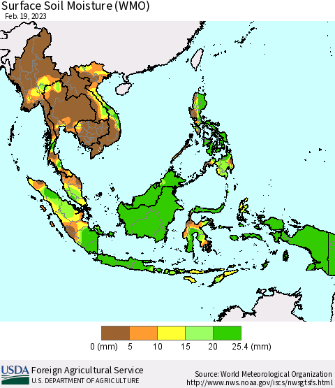 South East Asia Surface Soil Moisture (WMO) Thematic Map For 2/13/2023 - 2/19/2023