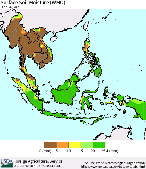 South East Asia Surface Soil Moisture (WMO) Thematic Map For 2/20/2023 - 2/26/2023