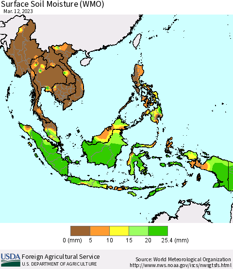 South East Asia Surface Soil Moisture (WMO) Thematic Map For 3/6/2023 - 3/12/2023
