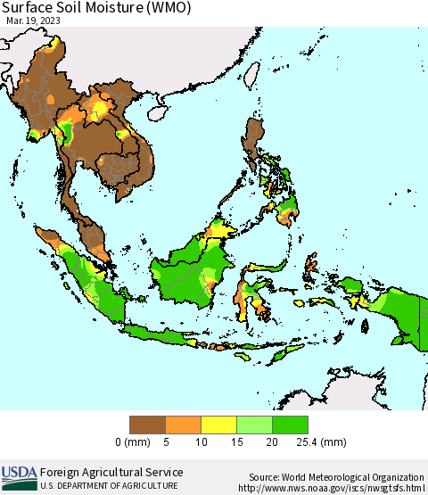 South East Asia Surface Soil Moisture (WMO) Thematic Map For 3/13/2023 - 3/19/2023