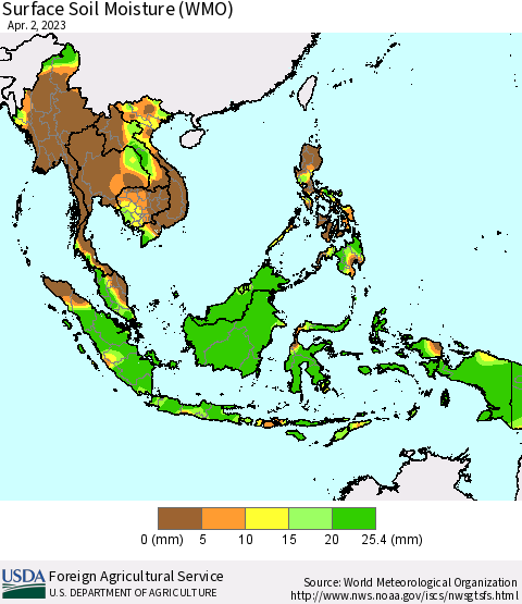 South East Asia Surface Soil Moisture (WMO) Thematic Map For 3/27/2023 - 4/2/2023