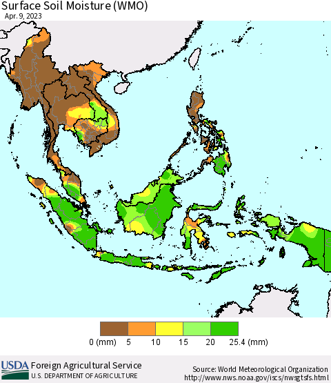 South East Asia Surface Soil Moisture (WMO) Thematic Map For 4/3/2023 - 4/9/2023