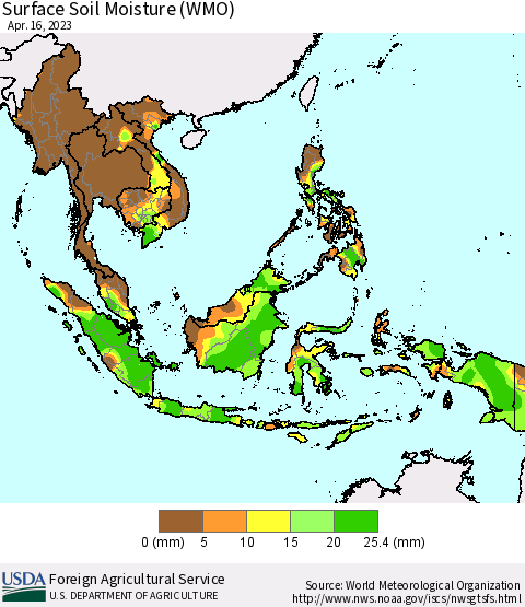 South East Asia Surface Soil Moisture (WMO) Thematic Map For 4/10/2023 - 4/16/2023