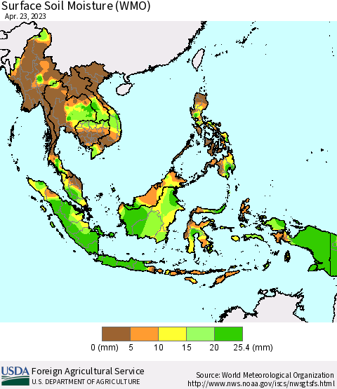 South East Asia Surface Soil Moisture (WMO) Thematic Map For 4/17/2023 - 4/23/2023