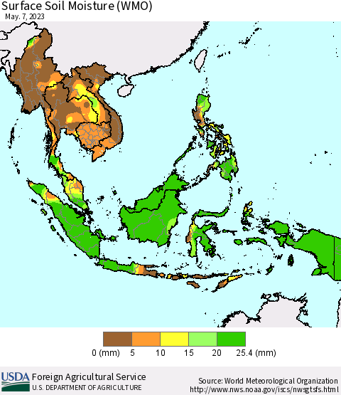 South East Asia Surface Soil Moisture (WMO) Thematic Map For 5/1/2023 - 5/7/2023
