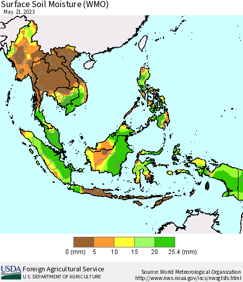 South East Asia Surface Soil Moisture (WMO) Thematic Map For 5/15/2023 - 5/21/2023