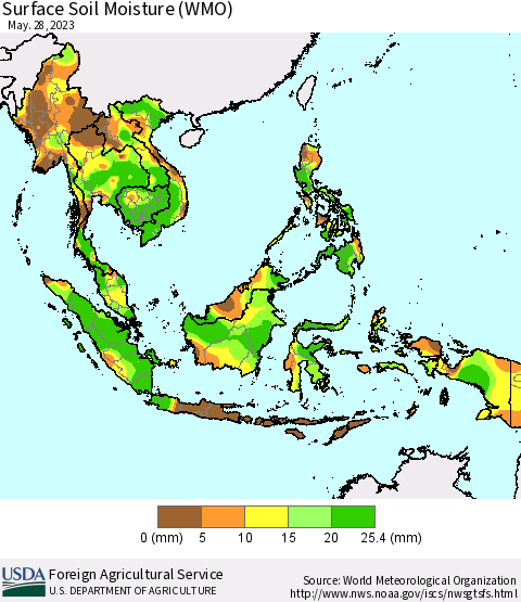 South East Asia Surface Soil Moisture (WMO) Thematic Map For 5/22/2023 - 5/28/2023