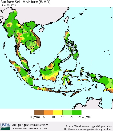 South East Asia Surface Soil Moisture (WMO) Thematic Map For 6/19/2023 - 6/25/2023