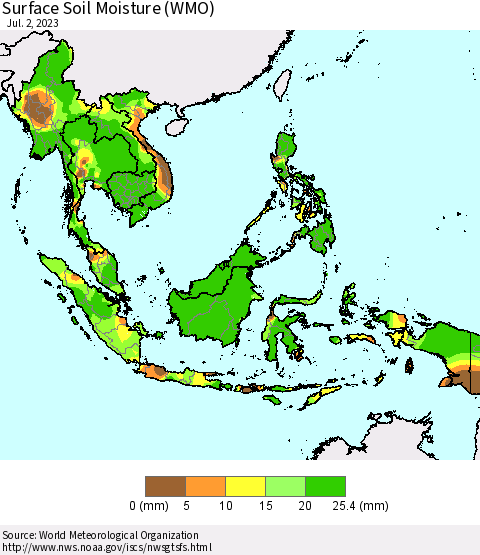 South East Asia Surface Soil Moisture (WMO) Thematic Map For 6/26/2023 - 7/2/2023