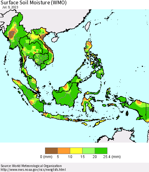 South East Asia Surface Soil Moisture (WMO) Thematic Map For 7/3/2023 - 7/9/2023