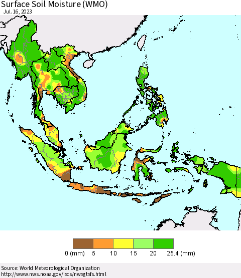 South East Asia Surface Soil Moisture (WMO) Thematic Map For 7/10/2023 - 7/16/2023