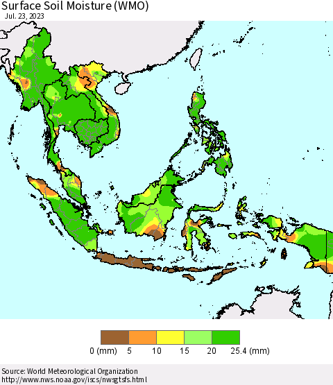 South East Asia Surface Soil Moisture (WMO) Thematic Map For 7/17/2023 - 7/23/2023