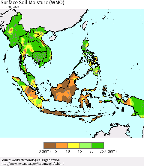 South East Asia Surface Soil Moisture (WMO) Thematic Map For 7/24/2023 - 7/30/2023