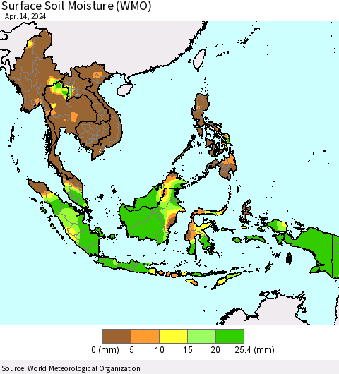South East Asia Surface Soil Moisture (WMO) Thematic Map For 4/8/2024 - 4/14/2024