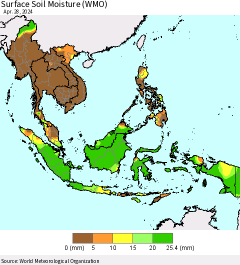 South East Asia Surface Soil Moisture (WMO) Thematic Map For 4/22/2024 - 4/28/2024