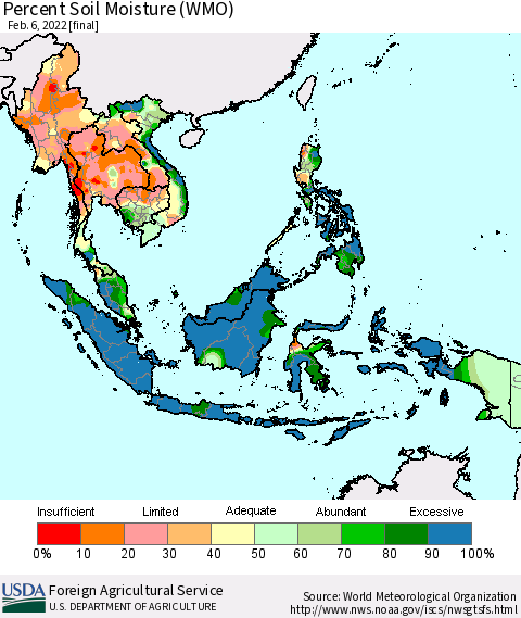 South East Asia Percent Soil Moisture (WMO) Thematic Map For 1/31/2022 - 2/6/2022