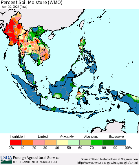 South East Asia Percent Soil Moisture (WMO) Thematic Map For 4/4/2022 - 4/10/2022
