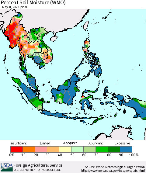 South East Asia Percent Soil Moisture (WMO) Thematic Map For 5/2/2022 - 5/8/2022