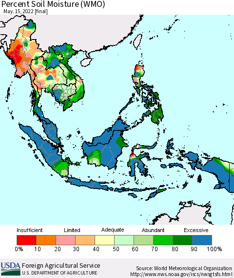 South East Asia Percent Soil Moisture (WMO) Thematic Map For 5/9/2022 - 5/15/2022