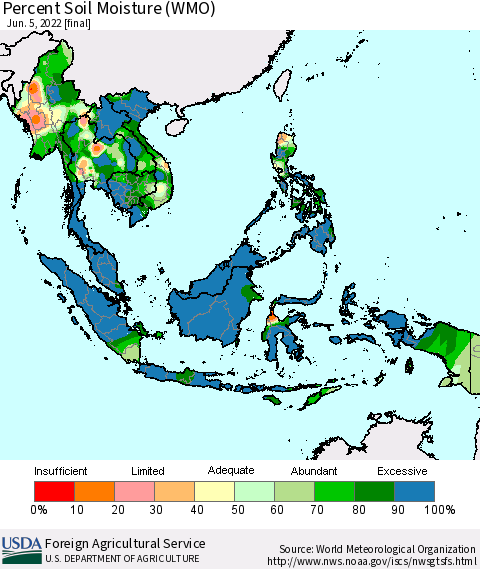 South East Asia Percent Soil Moisture (WMO) Thematic Map For 5/30/2022 - 6/5/2022