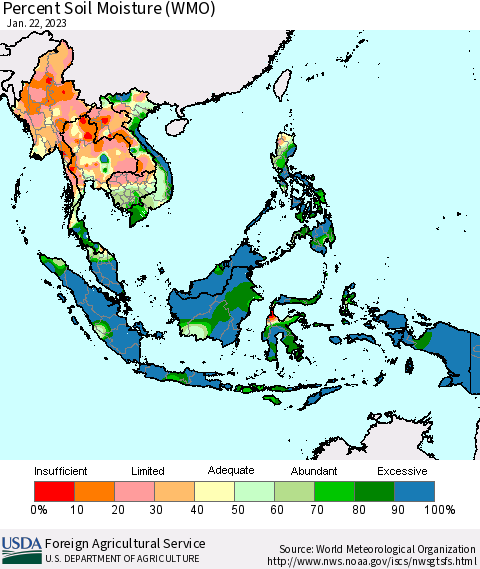 South East Asia Percent Soil Moisture (WMO) Thematic Map For 1/16/2023 - 1/22/2023
