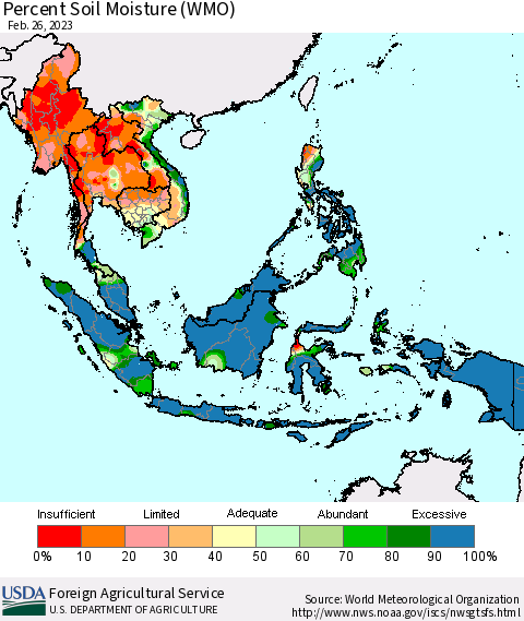 South East Asia Percent Soil Moisture (WMO) Thematic Map For 2/20/2023 - 2/26/2023