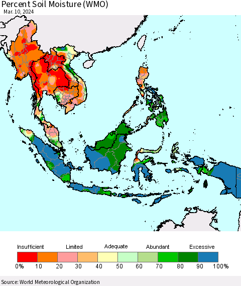 South East Asia Percent Soil Moisture (WMO) Thematic Map For 3/4/2024 - 3/10/2024