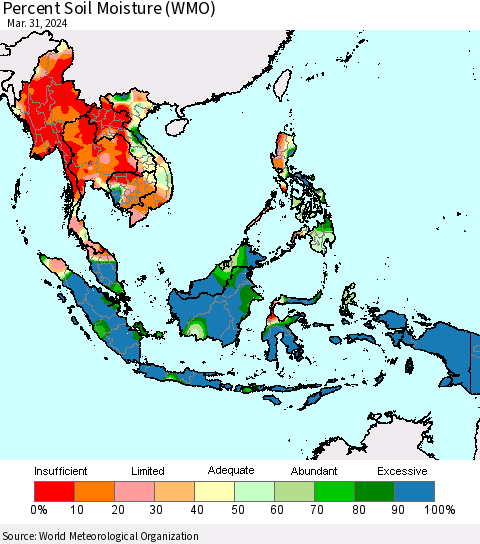 South East Asia Percent Soil Moisture (WMO) Thematic Map For 3/25/2024 - 3/31/2024