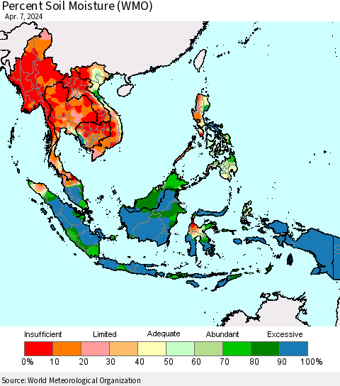 South East Asia Percent Soil Moisture (WMO) Thematic Map For 4/1/2024 - 4/7/2024