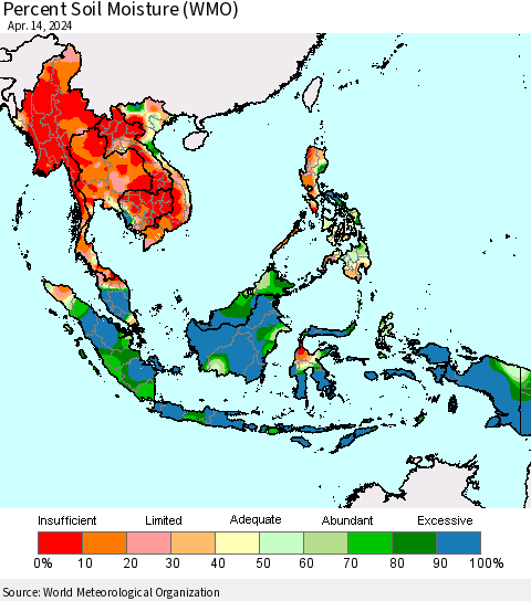 South East Asia Percent Soil Moisture (WMO) Thematic Map For 4/8/2024 - 4/14/2024