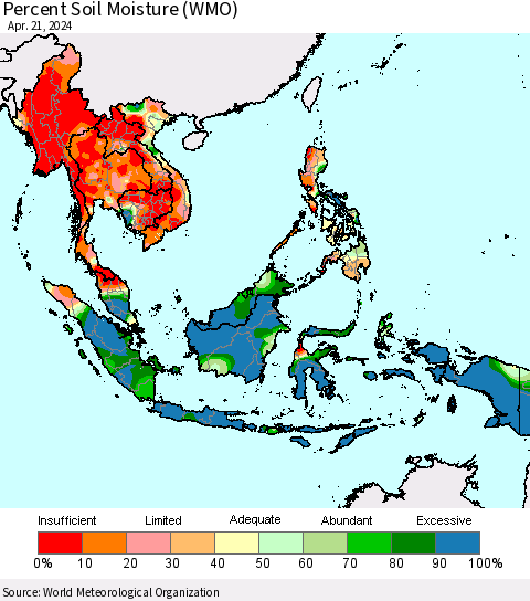 South East Asia Percent Soil Moisture (WMO) Thematic Map For 4/15/2024 - 4/21/2024
