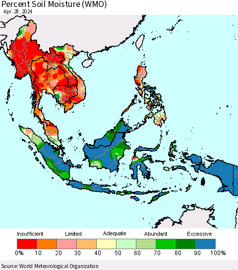 South East Asia Percent Soil Moisture (WMO) Thematic Map For 4/22/2024 - 4/28/2024