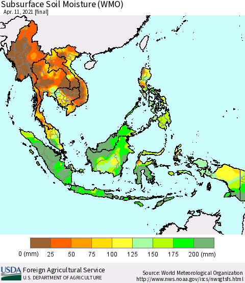 South East Asia Subsurface Soil Moisture (WMO) Thematic Map For 4/5/2021 - 4/11/2021