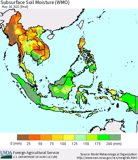 South East Asia Subsurface Soil Moisture (WMO) Thematic Map For 5/10/2021 - 5/16/2021