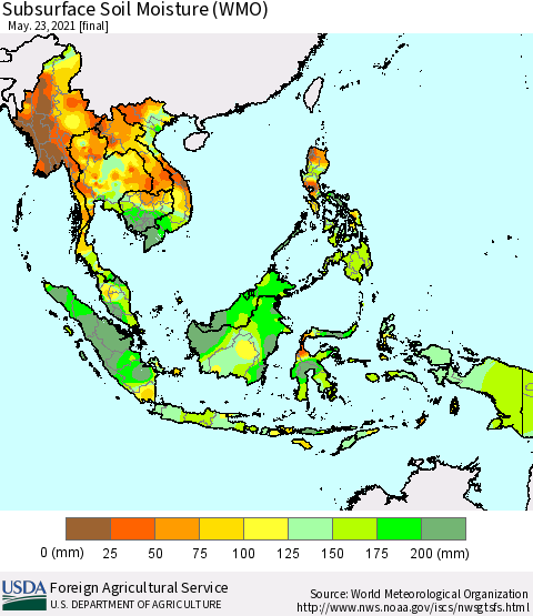 South East Asia Subsurface Soil Moisture (WMO) Thematic Map For 5/17/2021 - 5/23/2021