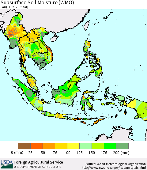 South East Asia Subsurface Soil Moisture (WMO) Thematic Map For 7/26/2021 - 8/1/2021