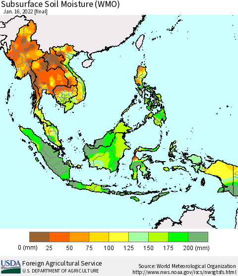 South East Asia Subsurface Soil Moisture (WMO) Thematic Map For 1/10/2022 - 1/16/2022